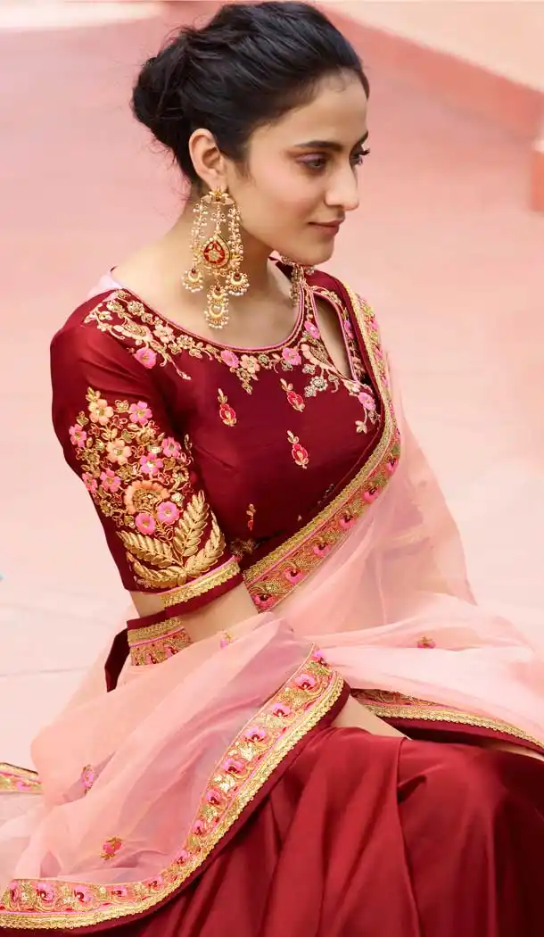 Maroon Pink Color Nylone Tissue Resham Embroidred Party Wear Saree Blouse -9602112746