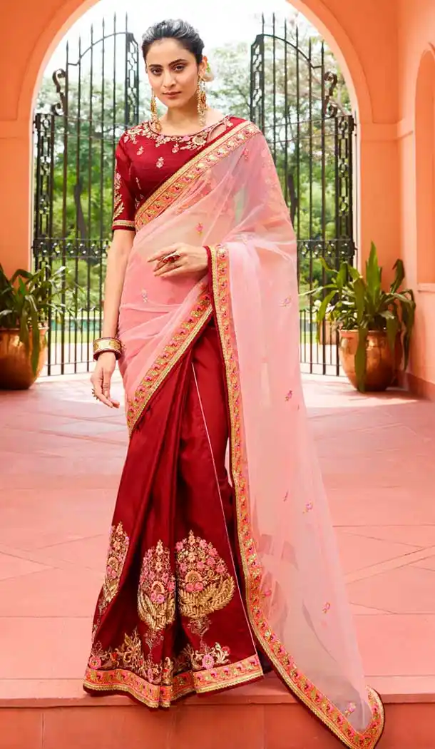 Maroon Pink Color Nylone Tissue Resham Embroidred Party Wear Saree Blouse -9602112746