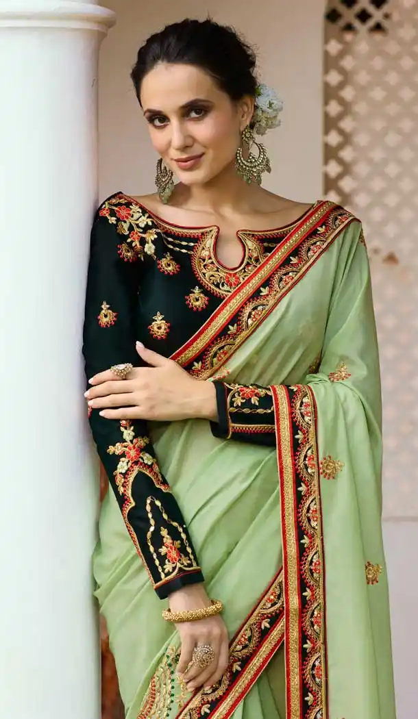 Pista Green Color Magic Silk Resham Embroidred Party Wear Saree Blouse -9602112747