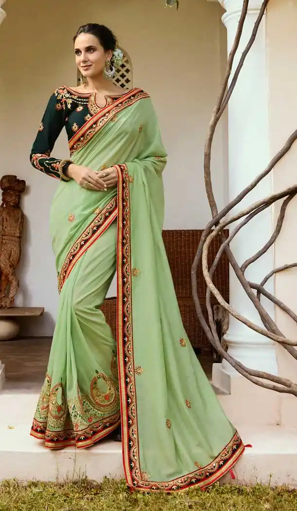 Pista Green Color Magic Silk Resham Embroidred Party Wear Saree Blouse -9602112747