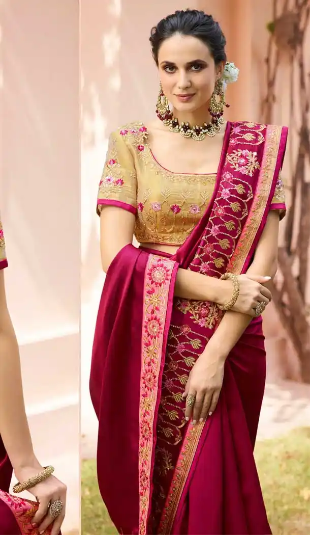 Wine Color Barfi Resham Embroidred Party Wear Saree Blouse -9602112748