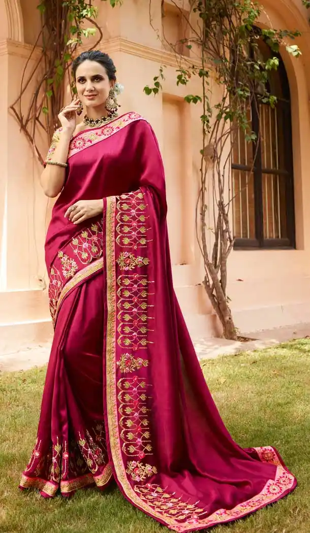 Wine Color Barfi Resham Embroidred Party Wear Saree Blouse -9602112748