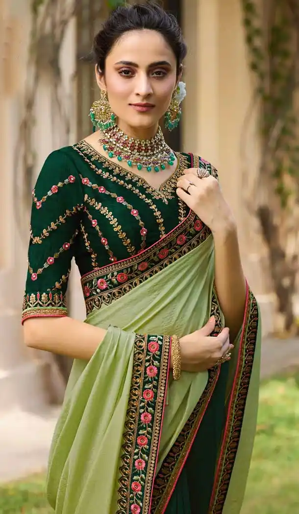Pista Green Color Sangam Silk Resham Embroidred Party Wear Saree Blouse -9602112749