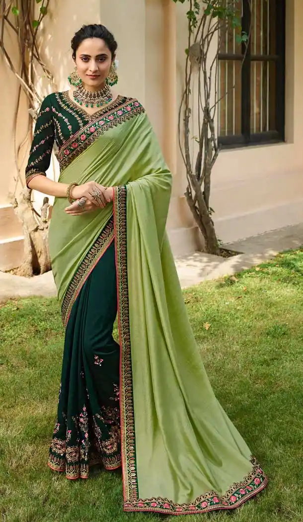 Pista Green Color Sangam Silk Resham Embroidred Party Wear Saree Blouse -9602112749
