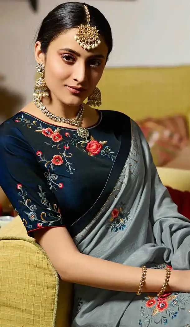 Grey Color Sangam Silk Resham Embroidred Party Wear Saree Blouse -9602112750