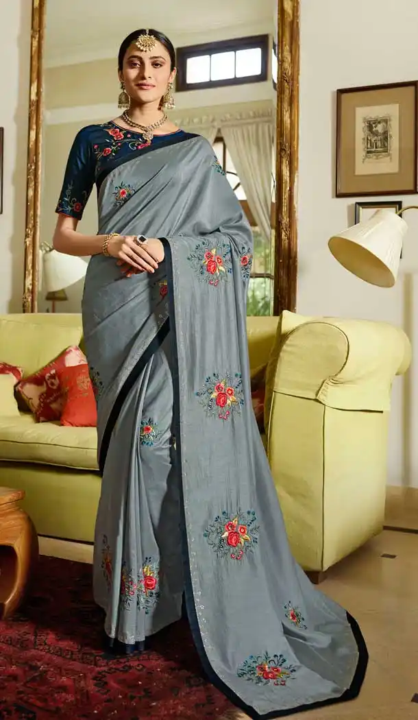 Grey Color Sangam Silk Resham Embroidred Party Wear Saree Blouse -9602112750