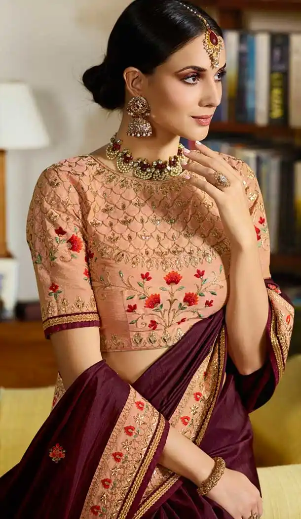 Maroon Color Luxurya Silk Resham Embroidred Party Wear Saree Blouse -9602112751