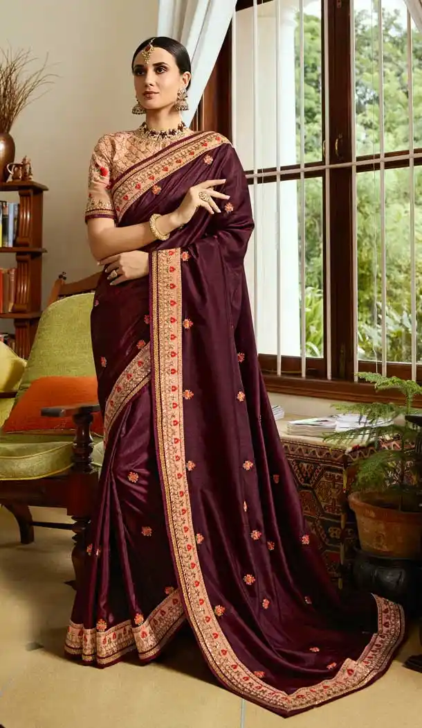 Maroon Color Luxurya Silk Resham Embroidred Party Wear Saree Blouse -9602112751