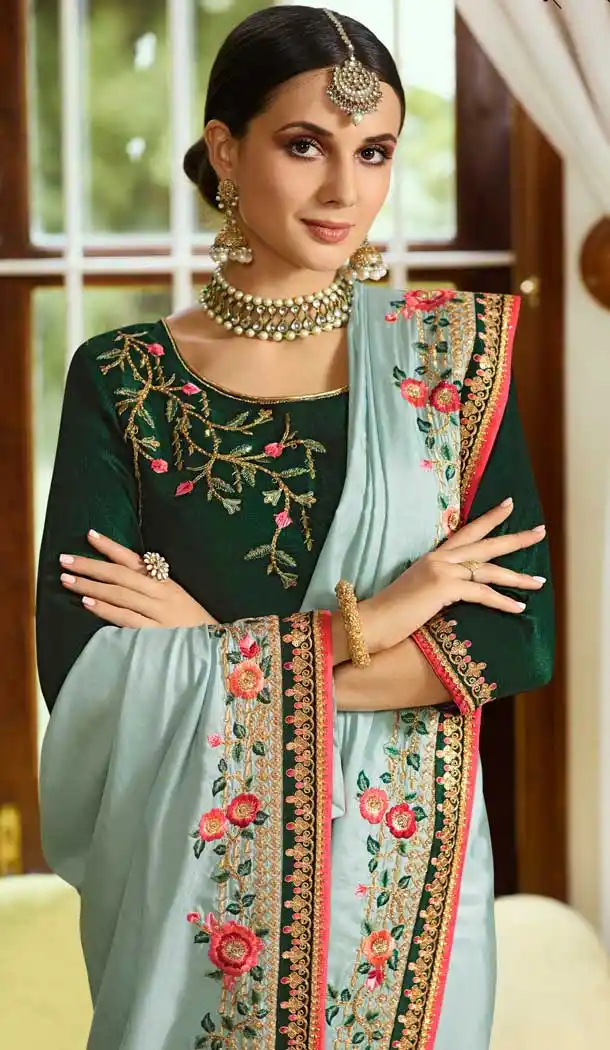 Dusty Sky Color Luxurya Silk Resham Embroidred Party Wear Saree Blouse -9602112752