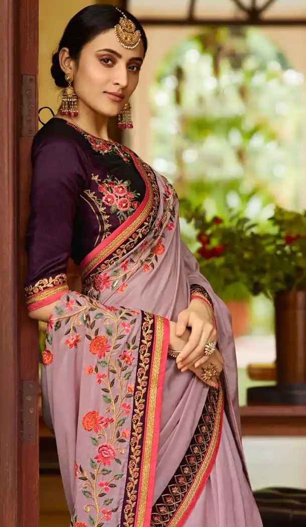 Wine Color Dola Silk Resham Embroidred Party Wear Saree Blouse -9602112754
