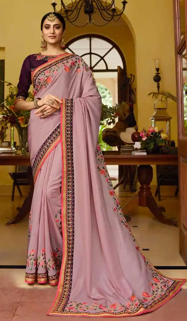 Wine Color Dola Silk Resham Embroidred Party Wear Saree Blouse -9602112754