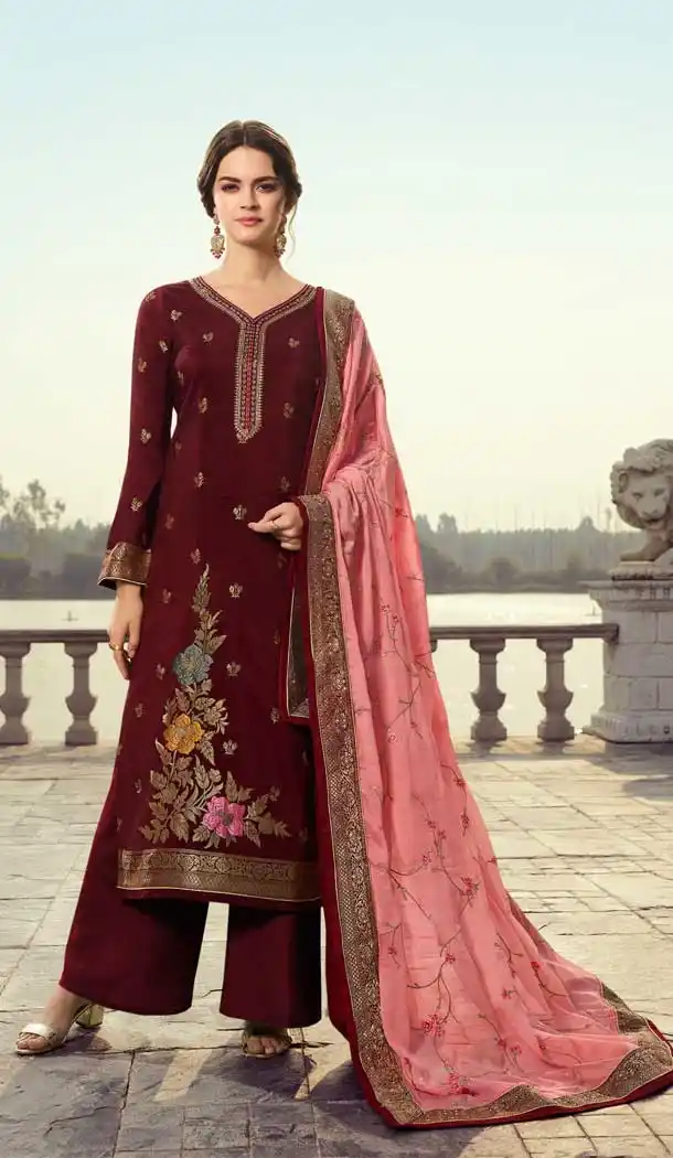 Maroon Color Viscose Dala Heavy Embroidered Designer Palazzo Salwar Suit -9612112807