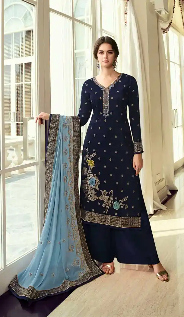 Navy Blue Color Viscose Dala Heavy Embroidered Designer Palazzo Salwar Suit -9612112810