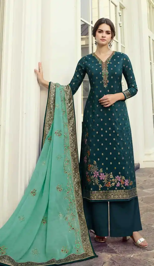 Teal Blue Color Viscose Dala Heavy Embroidered Designer Palazzo Salwar Suit -9612112814