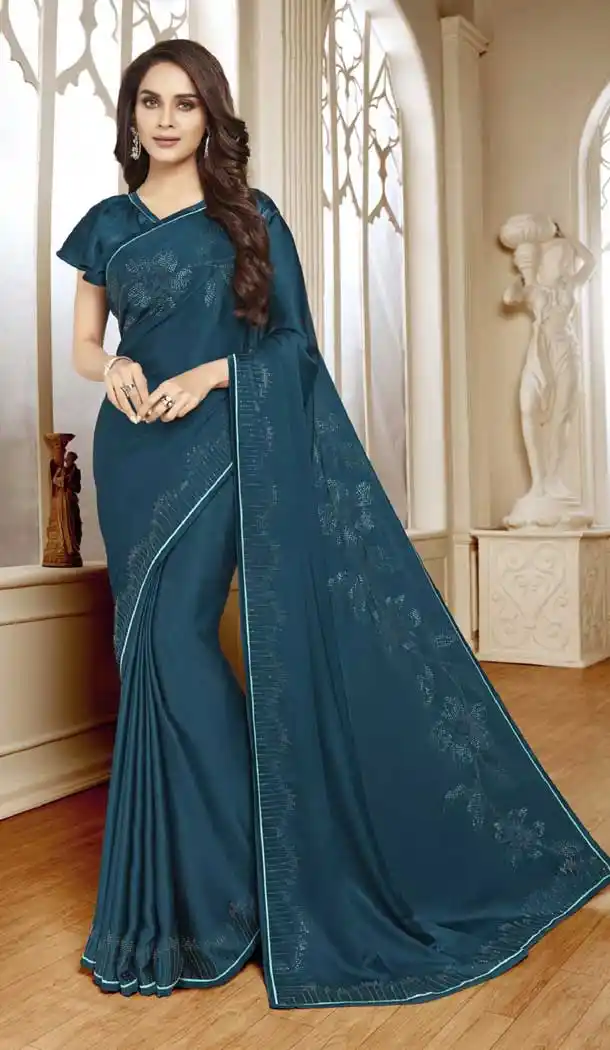 Teal Blue Color Satin Designer Party Wear Fancy Saree Blouse -9640113159