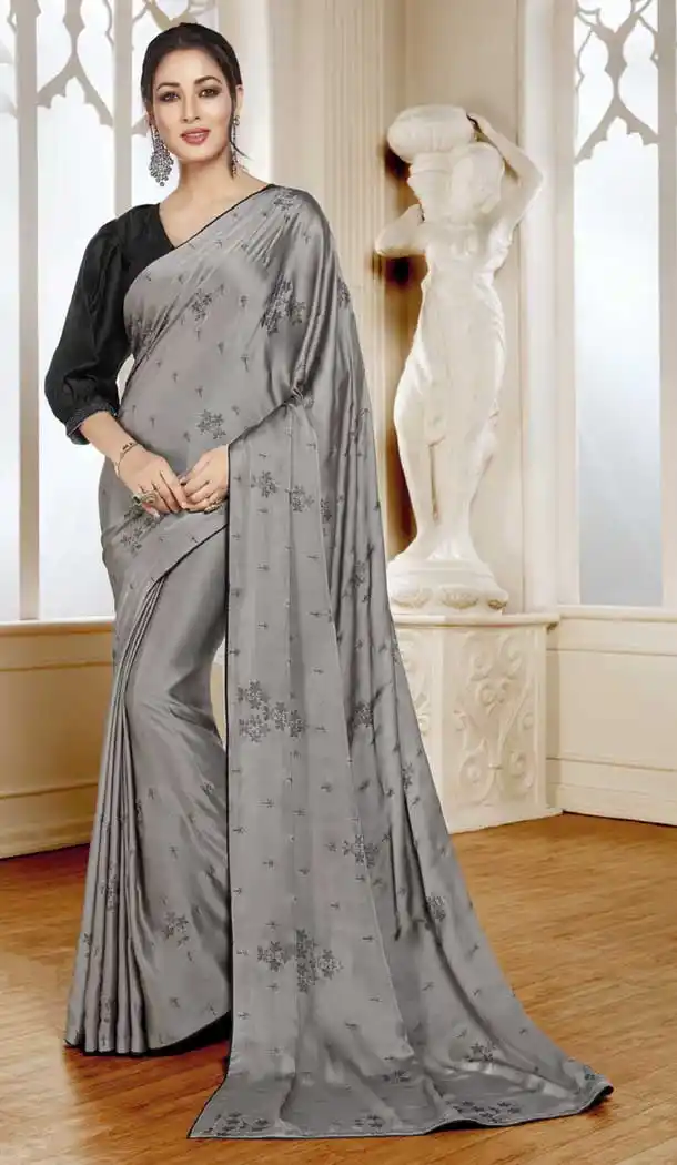 Adorable Grey Color Satin Designer Party Wear Fancy Saree Blouse -9640113164