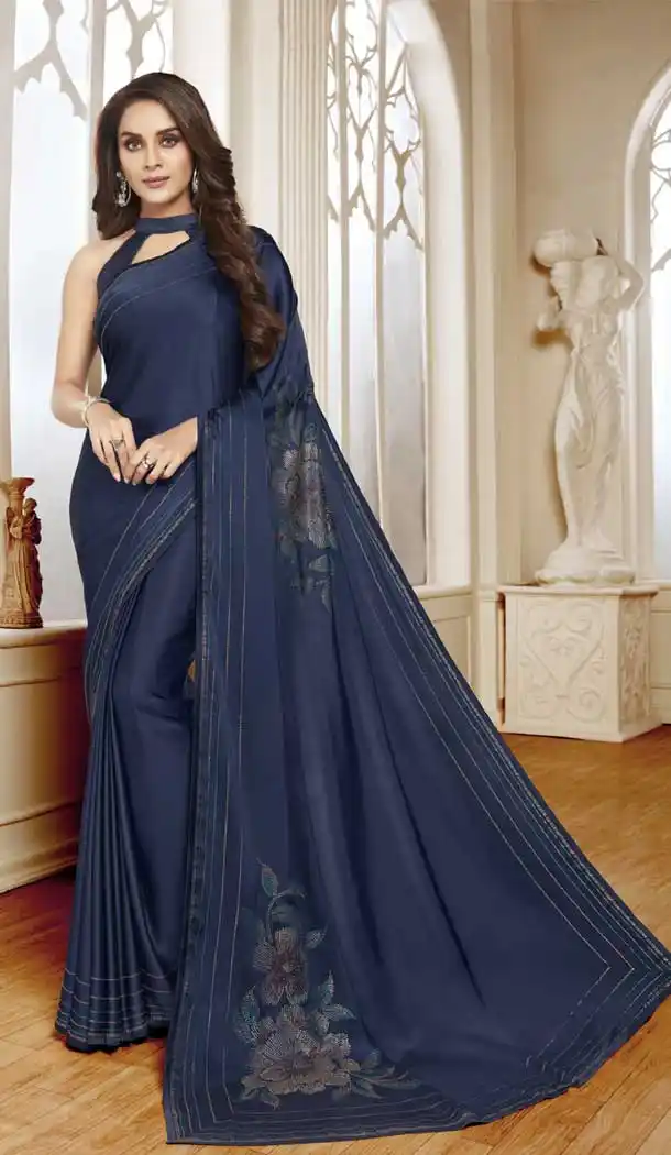 Navy Blue Color Satin Designer Party Wear Fancy Saree Blouse -9640113166