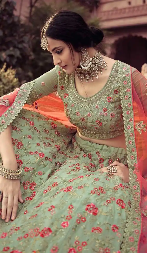 Pista Color Georgette Bridal Designer Wedding Wear Lehenga Choli -9641113170