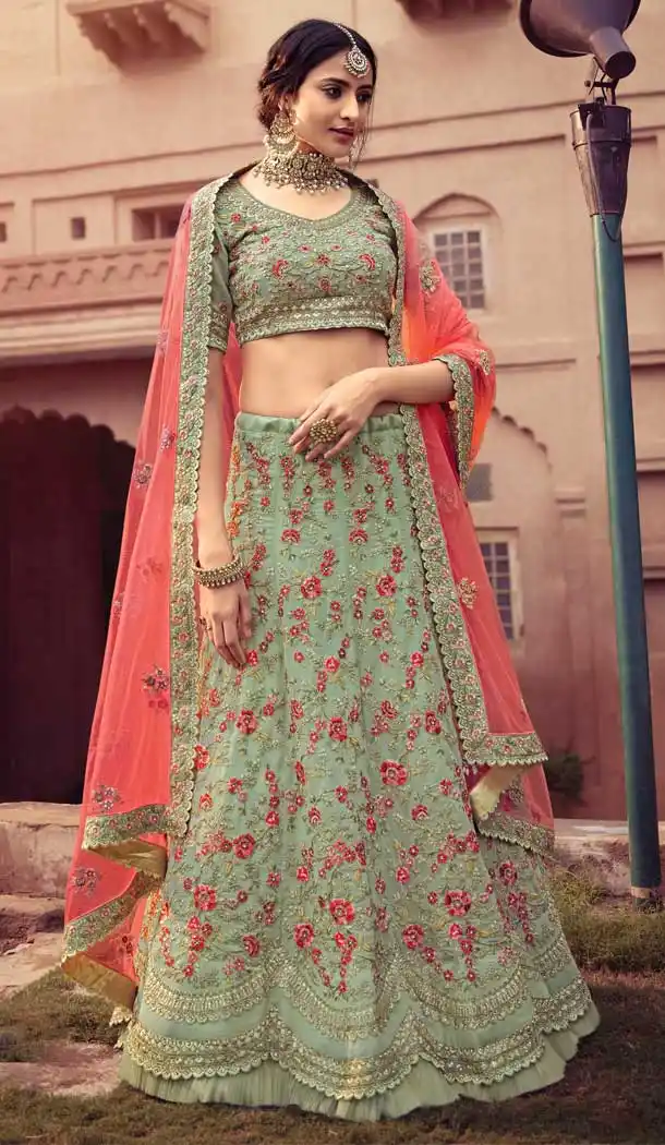 Pista Color Georgette Bridal Designer Wedding Wear Lehenga Choli -9641113170