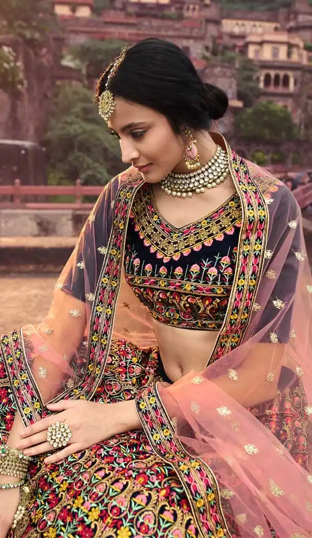 Navy Blue Color Georgette Bridal Designer Wedding Wear Lehenga Choli -9641113171