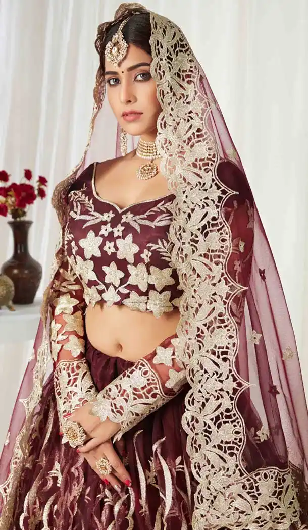 Captivating Maroon Color Butterfly Net Designer Wedding Wear Lehenga Choli -9647113246