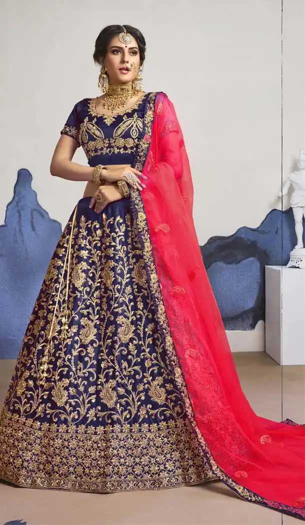 Navy Blue Color Satin Silk Traditional Party Wear Designer Lehenga Choli -9692113841