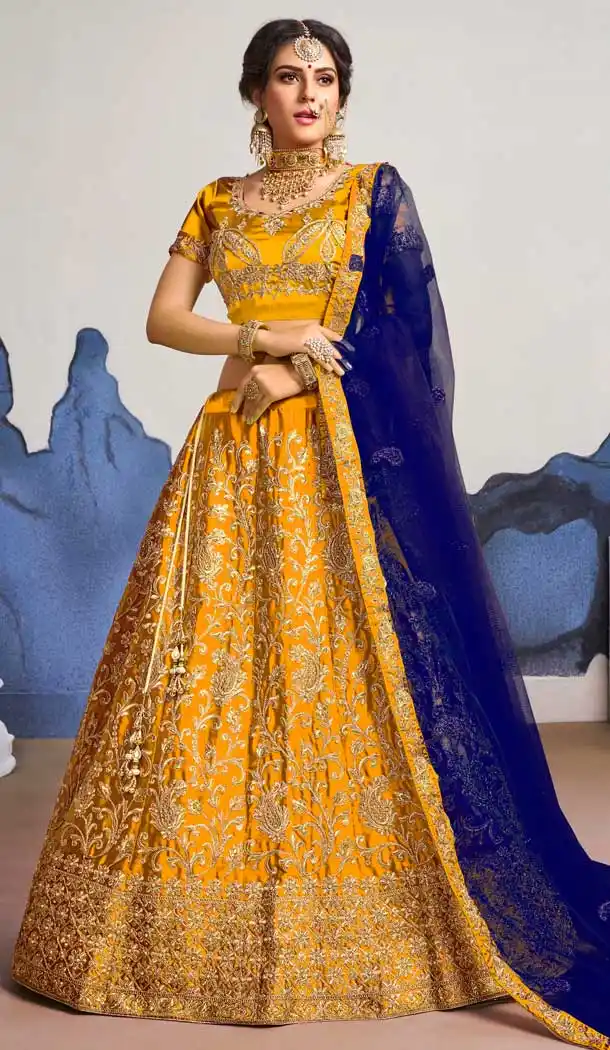 Dark Yellow Color Satin Silk Traditional Party Wear Designer Lehenga Choli -9692113842