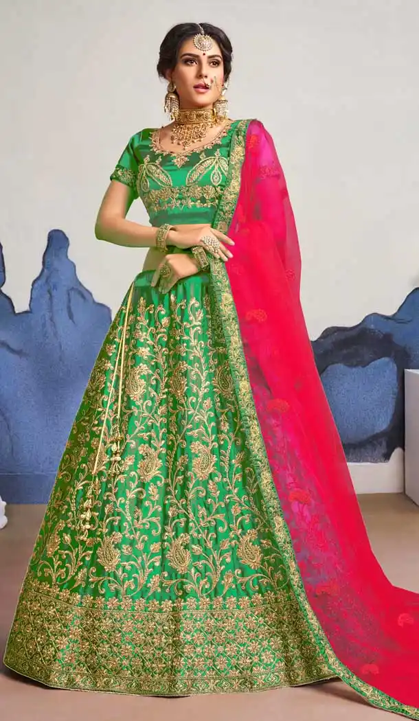 Green Color Satin Silk Traditional Party Wear Designer Lehenga Choli -9692113843