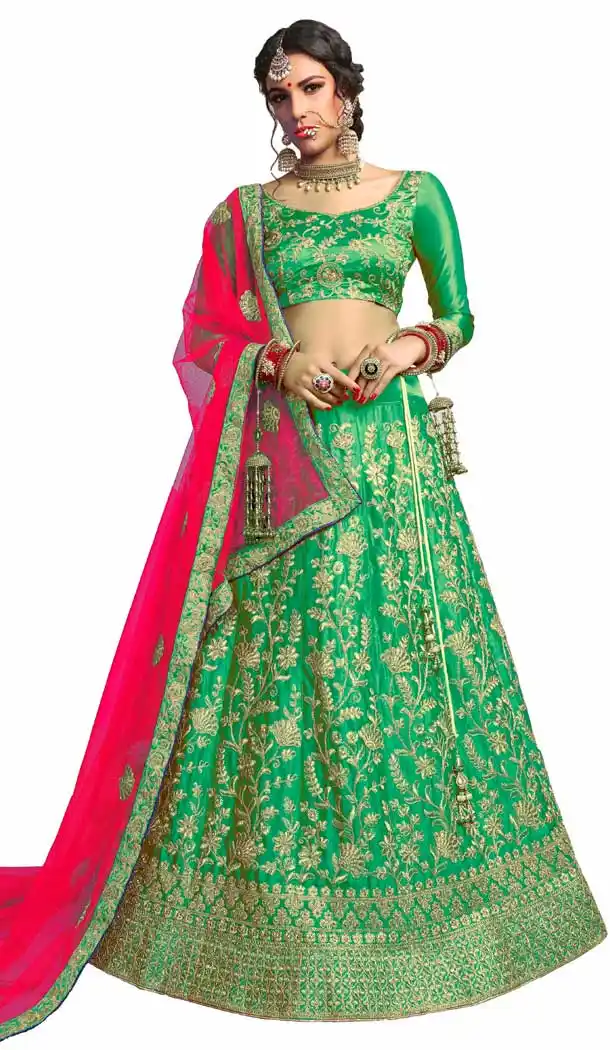 Green Color Satin Silk Traditional Party Wear Designer Lehenga Choli -9693113847