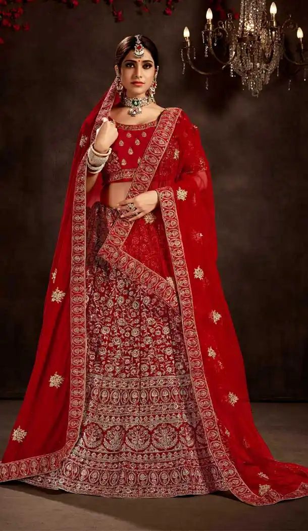 Fascinating Red Color 9000 Velvet Bridal Wedding Wear Premium Lehenga Choli -9707114059