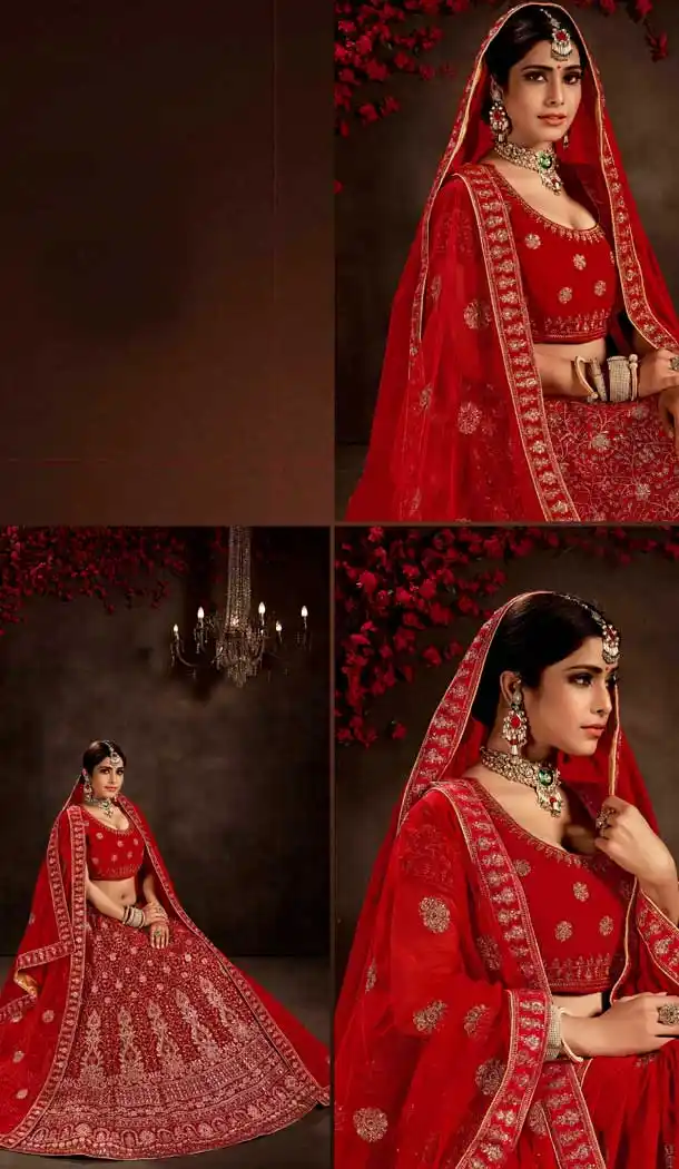Sparkling Red Color 9000 Velvet Bridal Wedding Wear Premium Lehenga Choli -9707114062