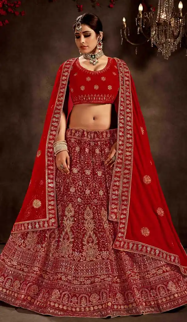 Sparkling Red Color 9000 Velvet Bridal Wedding Wear Premium Lehenga Choli -9707114062
