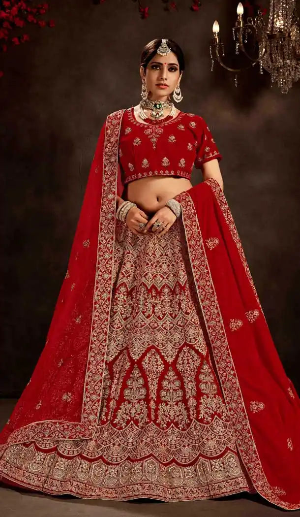 Attractive Red Color 9000 Velvet Bridal Wedding Wear Premium Lehenga Choli -9707114063