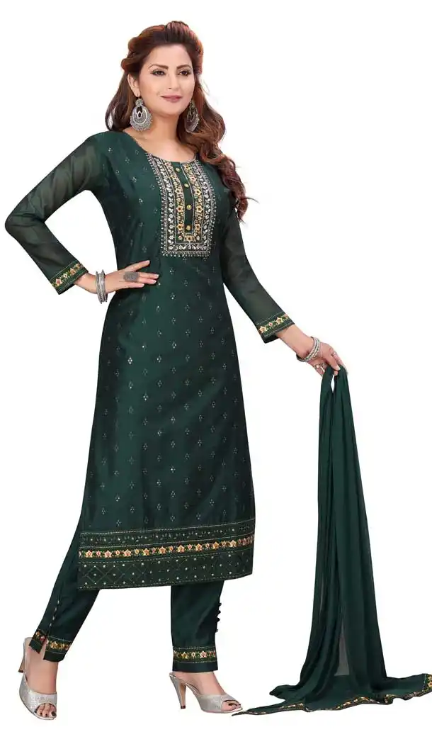 Dark Green Color Chanderi Silk Designer Readymade Plus Size Salwar Kameez -9656113294