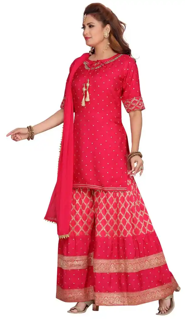 Fuschia Pink Color Banarasi Silk Designer Readymade Plus Size Salwar Kameez -9656113302