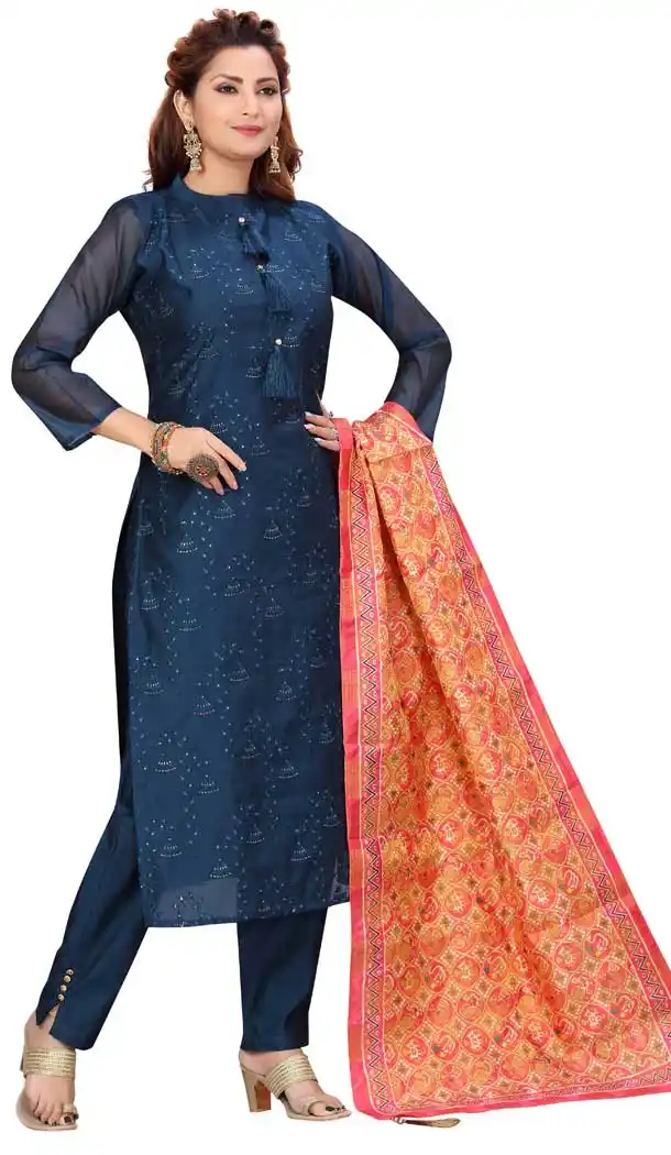 Blue Color Chanderi Silk Designer Readymade Plus Size Salwar Kameez -9656113308
