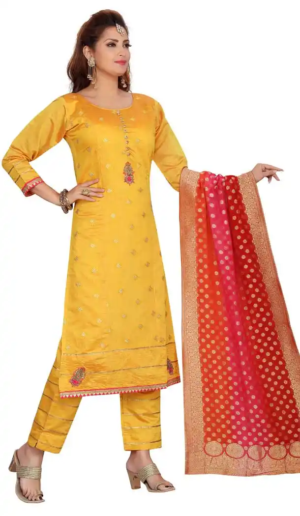 Yellow Color Chanderi Silk Designer Readymade Plus Size Salwar Kameez -9656113311