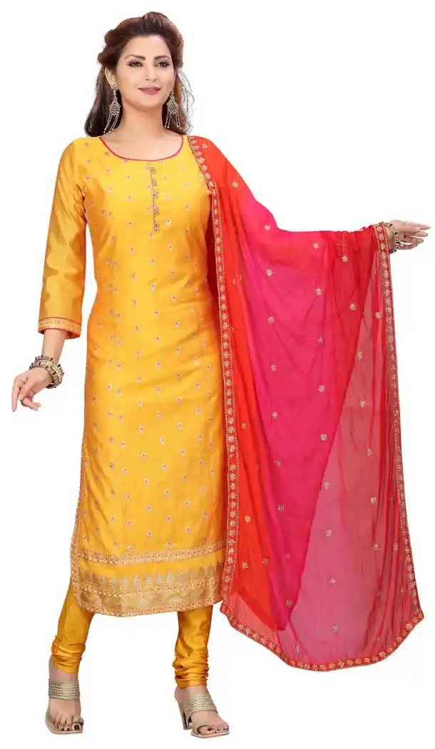 Attractive Yellow Color Chanderi Silk Designer Readymade Plus Size Salwar Kameez -9656113315