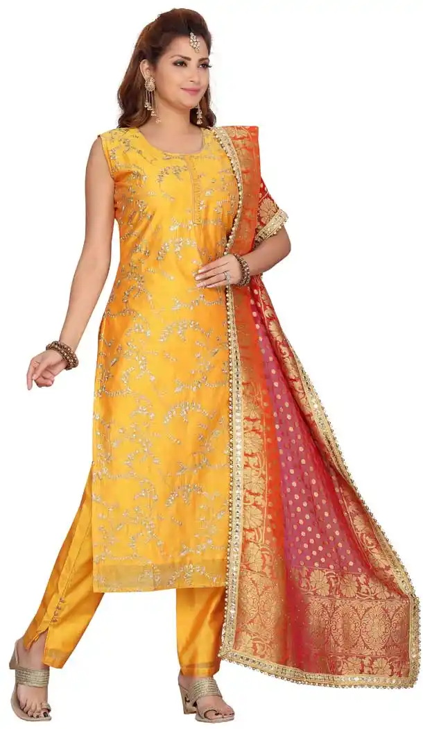 Yellow Color Chanderi Silk Designer Readymade Plus Size Salwar Kameez -9656113319