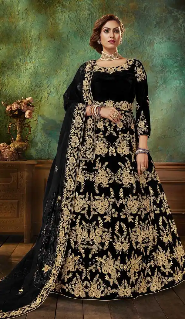 Black Color Falcon Velvet Heavy Designer Pakistani Style Aanarkali Suit -9691113837