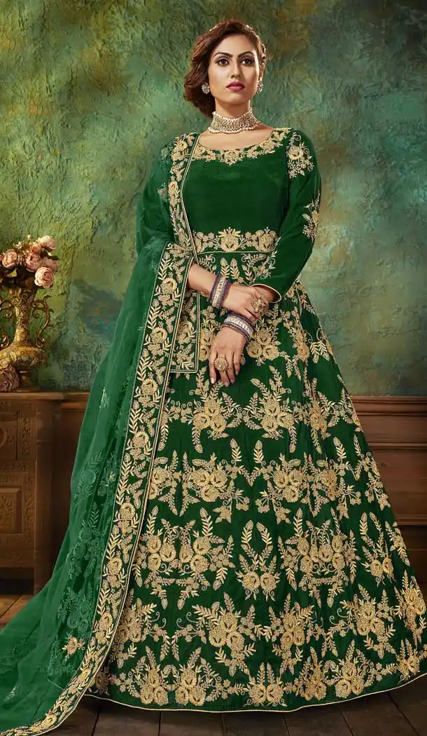 Green Color Falcon Velvet Heavy Designer Pakistani Style Aanarkali Suit -9691113839