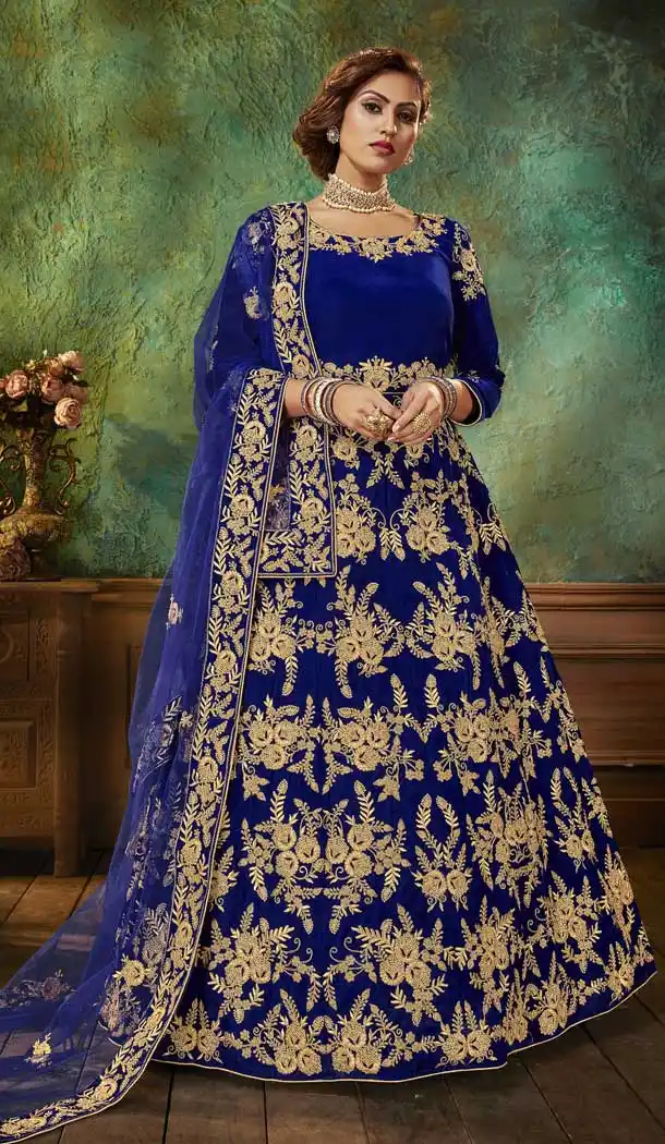 Blue Color Falcon Velvet Heavy Designer Pakistani Style Aanarkali Suit -9691113840