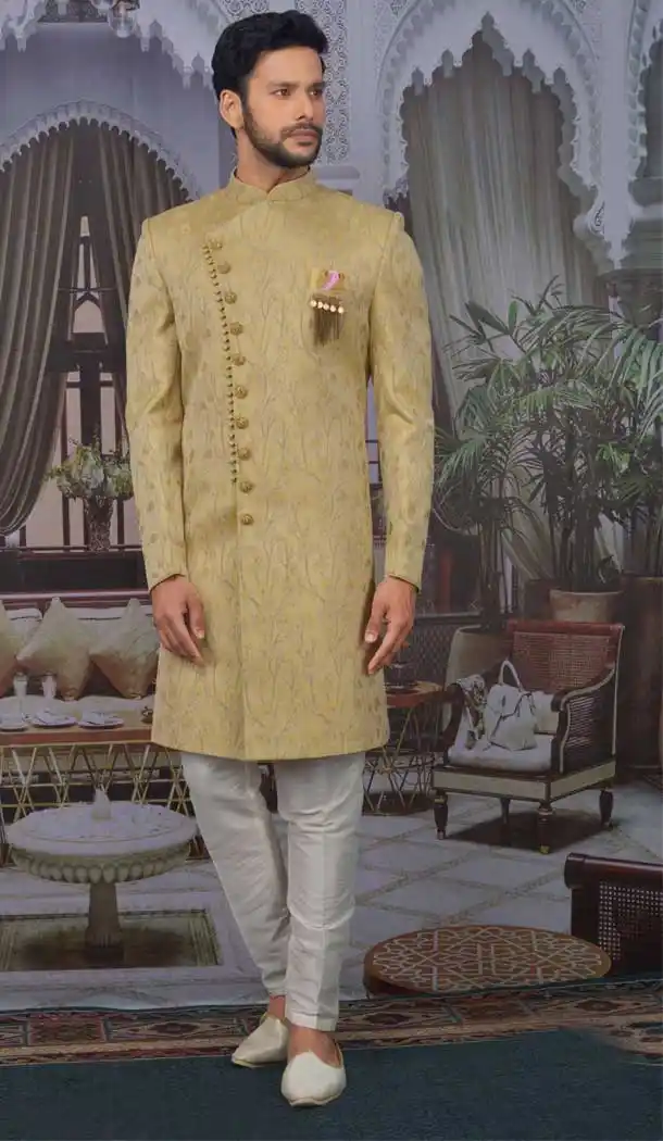 Gold Color Imported Jacquard Readymade Designer Nawabi Indo Western -9752114626