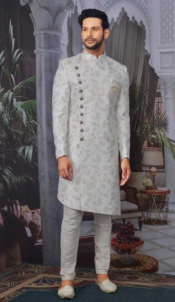 Off White Color Imported Jacquard Readymade Designer Nawabi Indo Western -9752114627