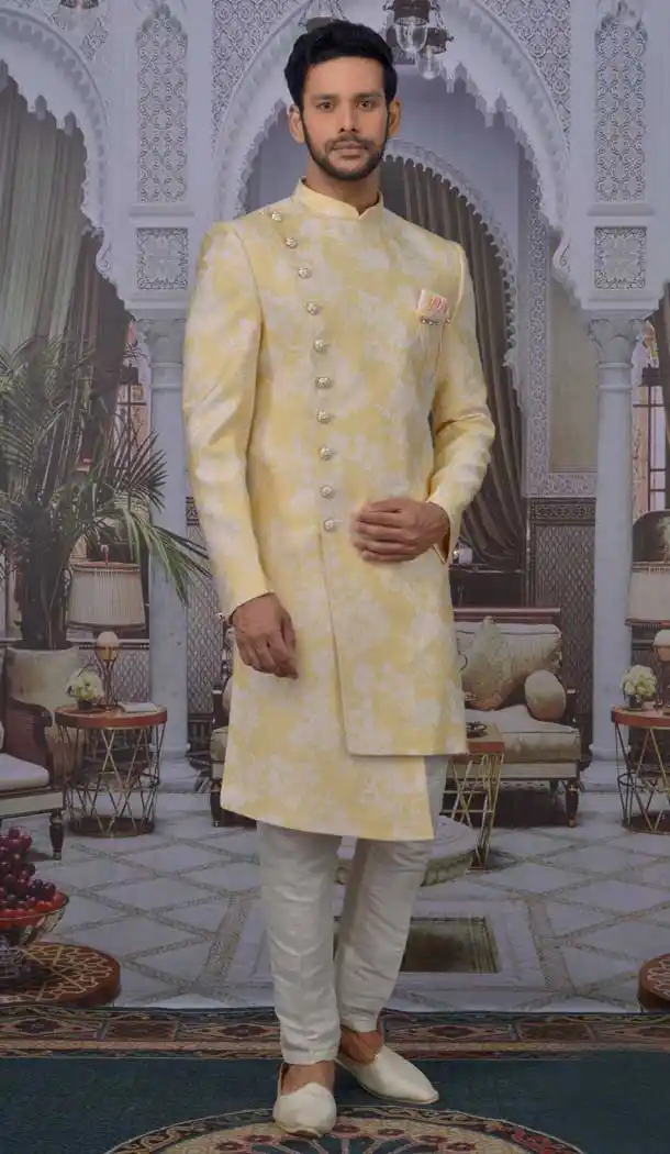 Yellow Color Imported Jacquard Readymade Designer Nawabi Indo Western -9752114630
