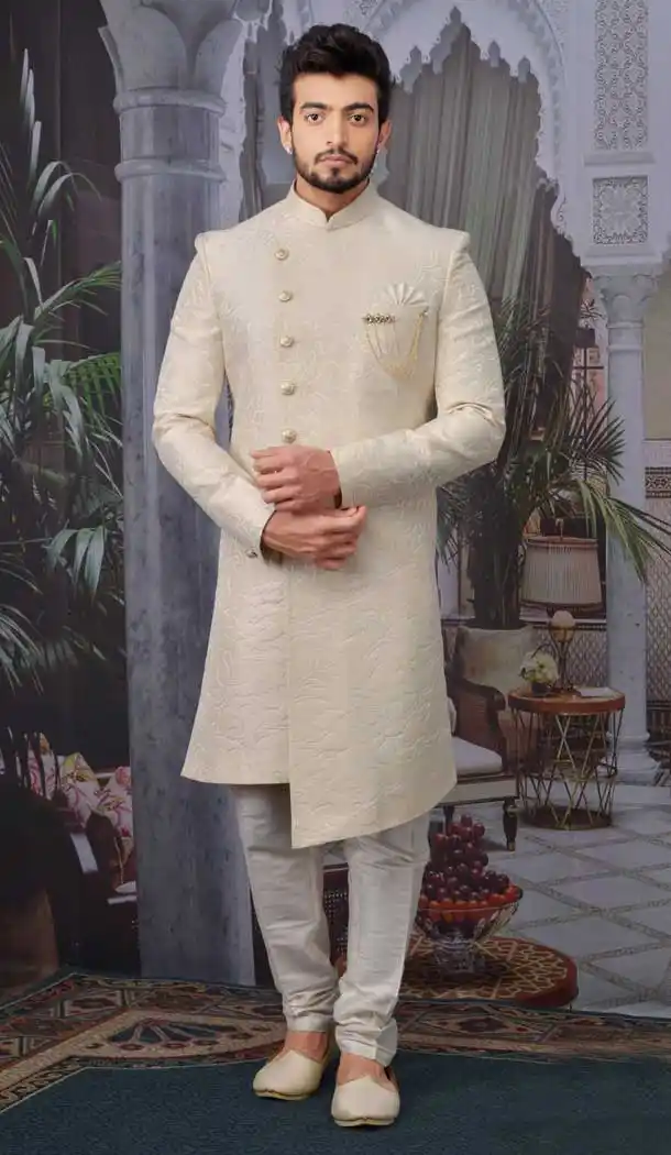 Cream Color Imported Jacquard Readymade Designer Nawabi Indo Western -9752114631