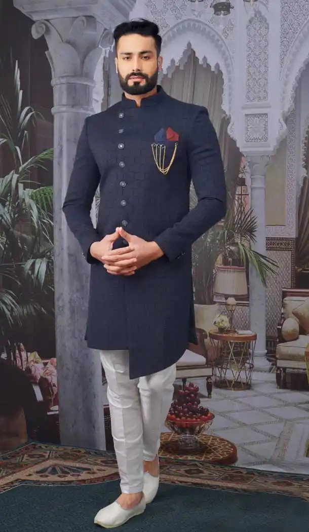 Navy Blue Color Imported Jacquard Readymade Designer Nawabi Indo Western -9752114632