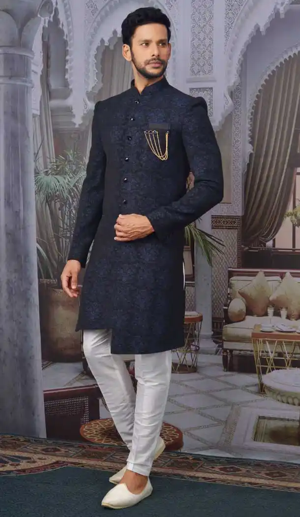 Navy Blue Color Imported Jacquard Readymade Designer Nawabi Indo Western -9752114634