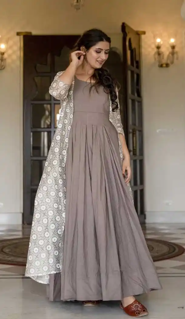 Attractive Grey Color Pure Maslin Designer Party Wear Gown With Jacket -9716114138