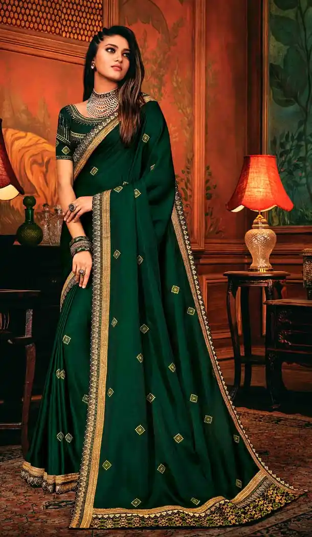 Green Color Silk Embroidered Traditional Party Wear Saree Blouse -9735114351